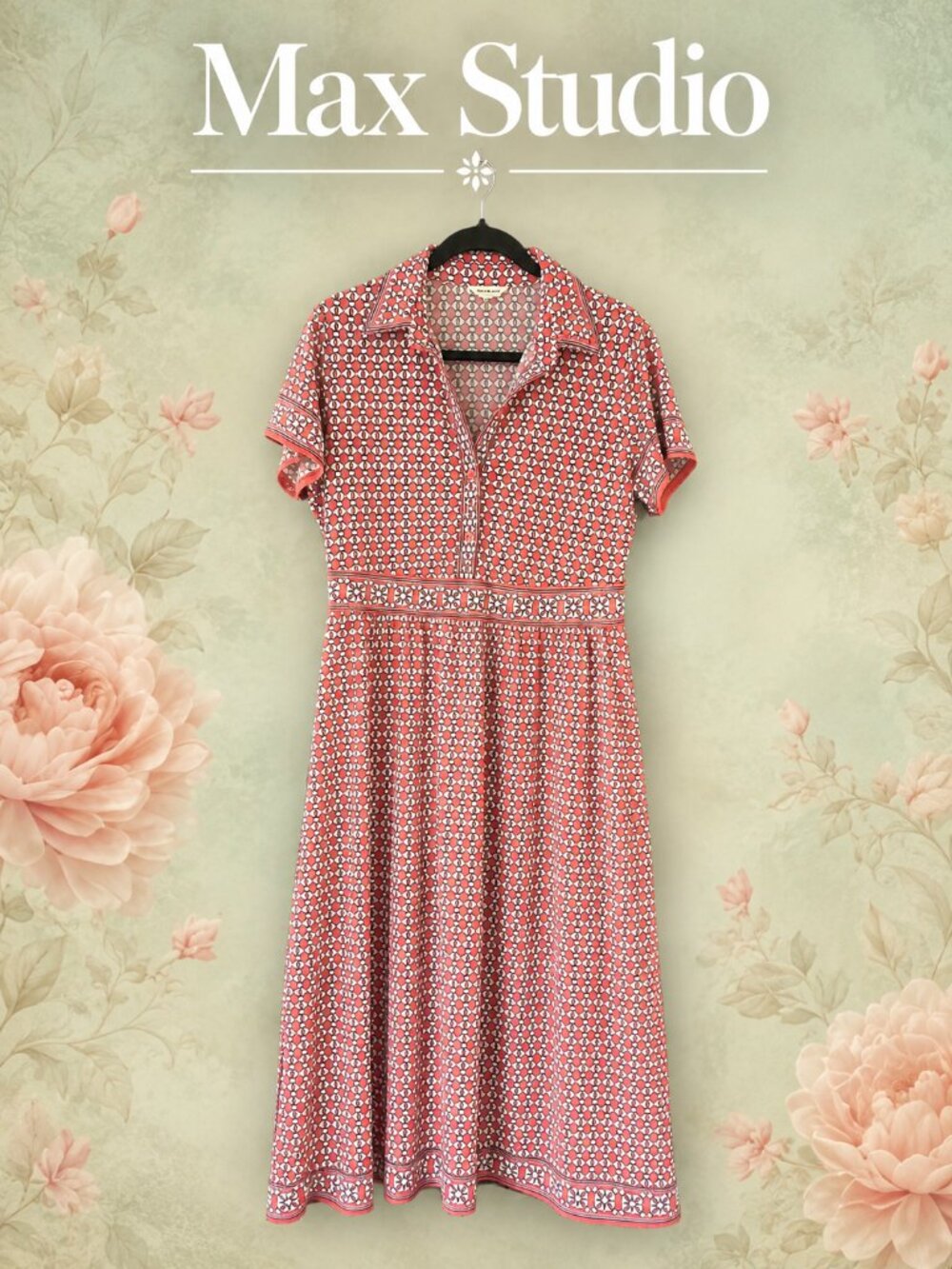 Max Studio Coral Red Geometric Print Button-Front Midi Dress